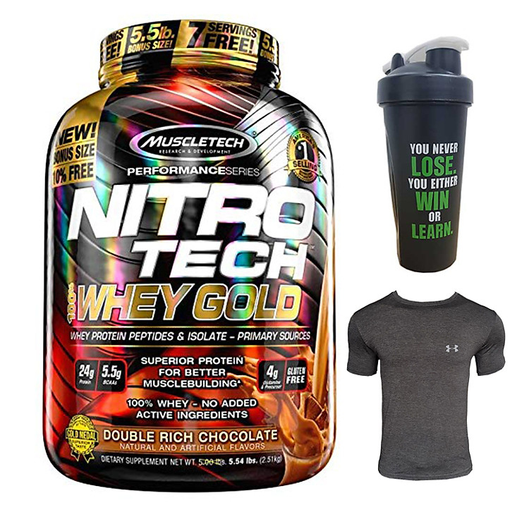 Combo Sữa tăng cơ giảm mỡ Nitro Tech 100% Whey Gold của Muscle tech hương socola hộp 76 lần dùng & Bình lắc 600 ml (Màu Ngẫu Nhiên) & Áo Gym size M