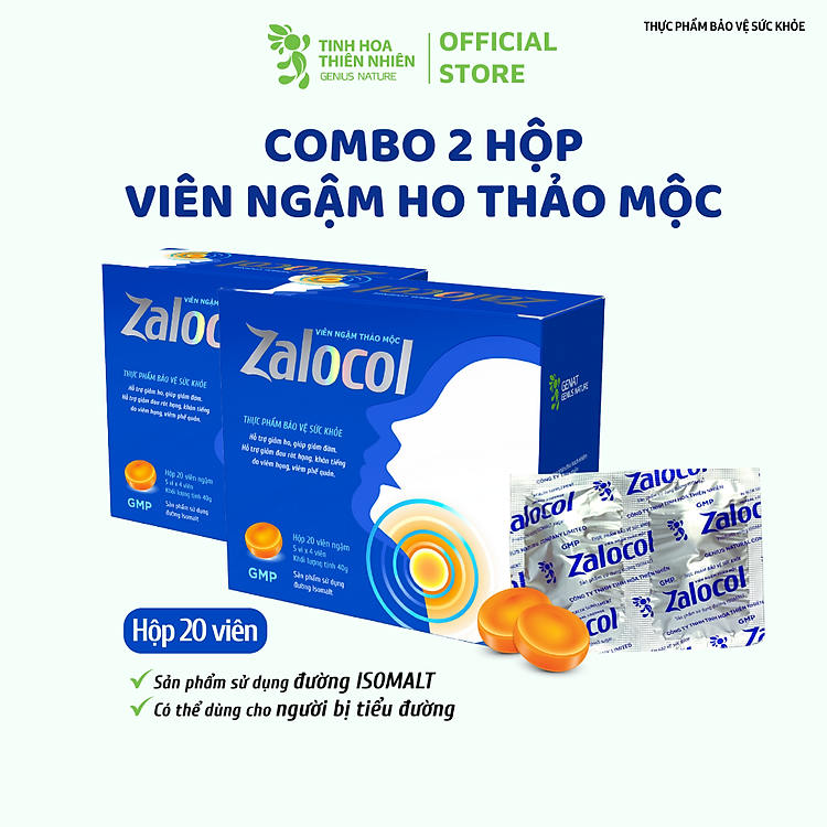 Combo 2 hộp 20 viên - Viên ngậm ho thảo mộc Zalocol Hỗ trợ giảm đờm, đau rát họng, khản tiếng - Genat - Giao 2H HCM