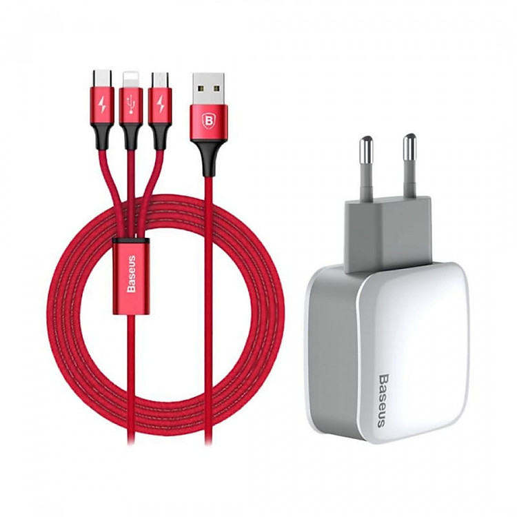 Bộ sạc kèm cáp 3 IN 1 (iPhone+Type-C+Micro) Baseus Letour Dual U Charger - Hàng chính hãng
