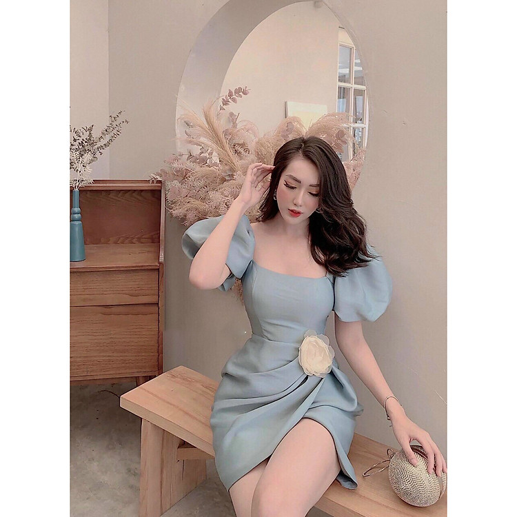 Đầm tay phồng xếp ly eo