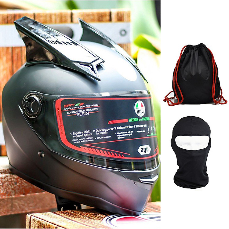 Nón AGU Fullface đen nhám Siêu chất Kèm sừng gắn nón + Tặng túi rút và khăn Ninja