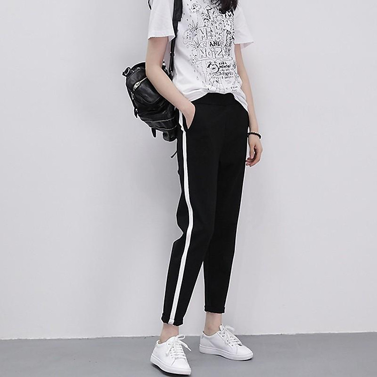 QUẦN BAGGY THỂ THAO_QUẦN BAGGY VẢI THUN CO GIÃN_QUẦN THỂ THAO NỮ_ Quần Baggy Nữ Kẻ Sọc Dọc Trắng Phong Cách