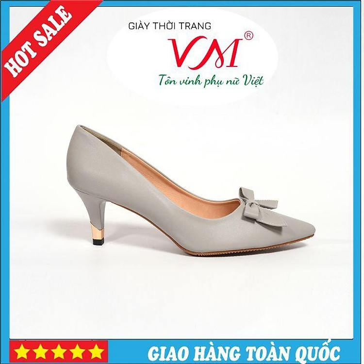 Giày Cao Gót 5 Phân Mũi Nhọn, Họa Tiết Nơ, Màu Ghi - HT16A.5F.Ghi(V)