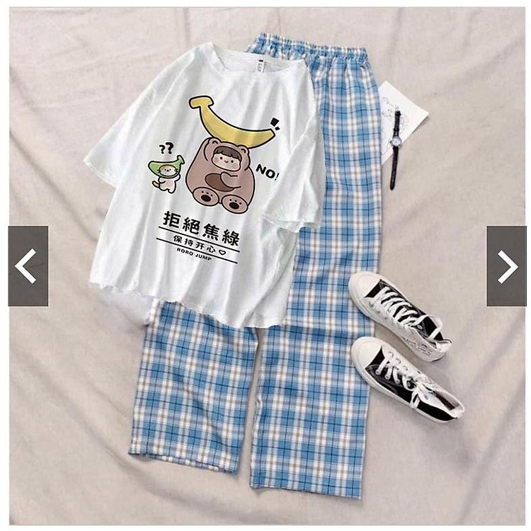 Bộ áo thun bé chuối kèm quần kẻ các màu