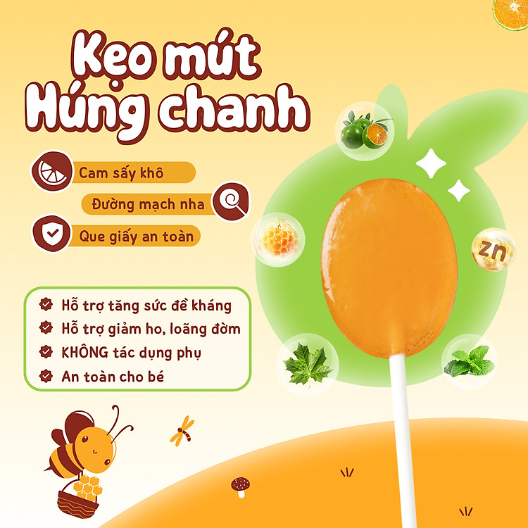 ZuZuKids Kẹo Mút Vi Chất Húng Chanh Dịu Họng Hỗ Trợ Hô Hấp Cho Bé - Dây 10 Que và Hộp 20 Que