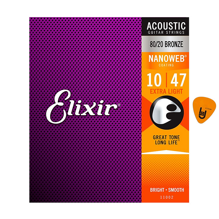 Elixir 11002 - Dây Đàn Acoustic Guitar Cỡ 10 (.010-.047) - 80/20 Bronze Strings Extra Light - Hãng phân phối chính thức (Bộ Dây Ghi-ta phủ lớp Nanoweb cao cấp) - Kèm Móng Gảy DreamMaker