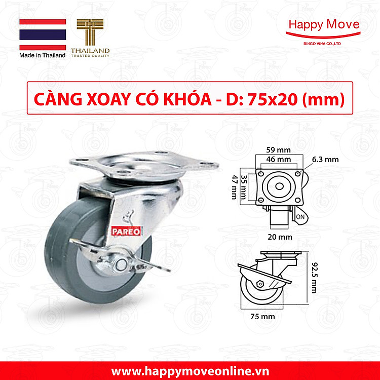 Bánh xe đẩy cao su tổng hợp xám tải nhẹ càng xoay khóa - 50-65-75mm - Happy Move Thái Lan