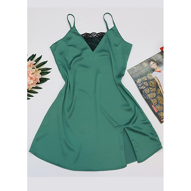 Váy ngủ lụa hai dây cao cấp phối ren ngực xanh đỏ vàng hồng Vingo N186