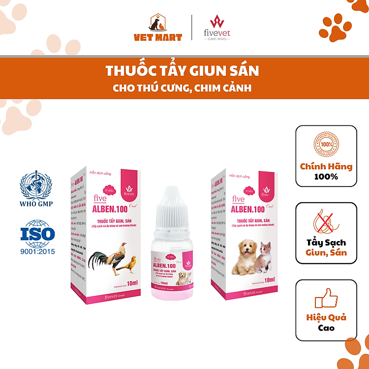 Five-Alben100 Oral For Pet - Thuốc Tẩy Giun, Sán Cho Gà Đá, Chim Cảnh, Thú Cưng (10ml)