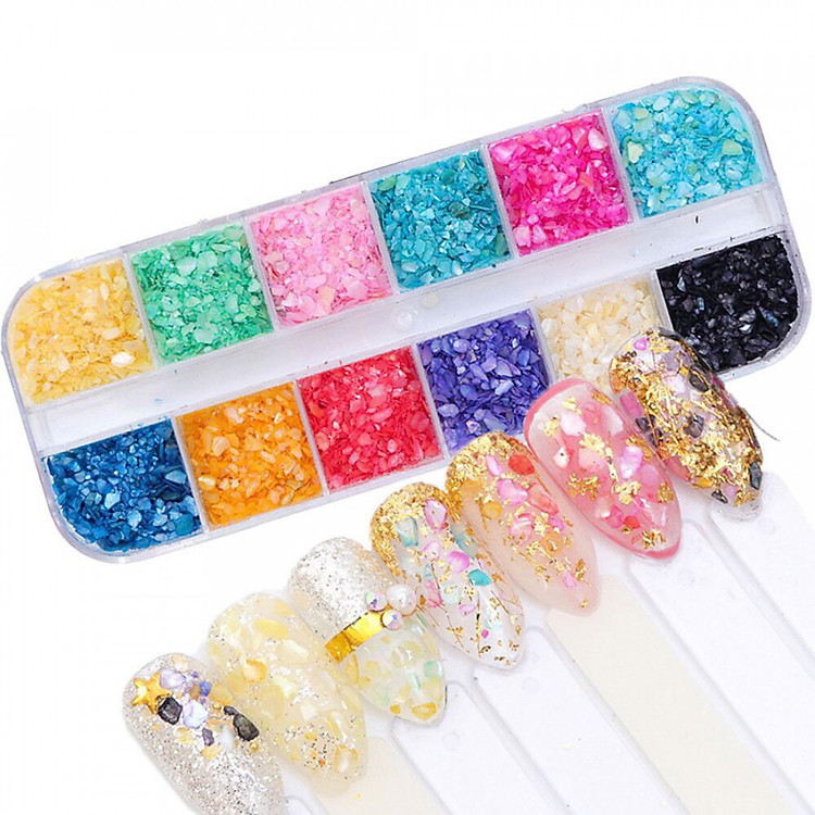 Bộ 12 hộp màu bột vỏ trai lấp lánh trang trí móng tay nghệ thuật độc đáo