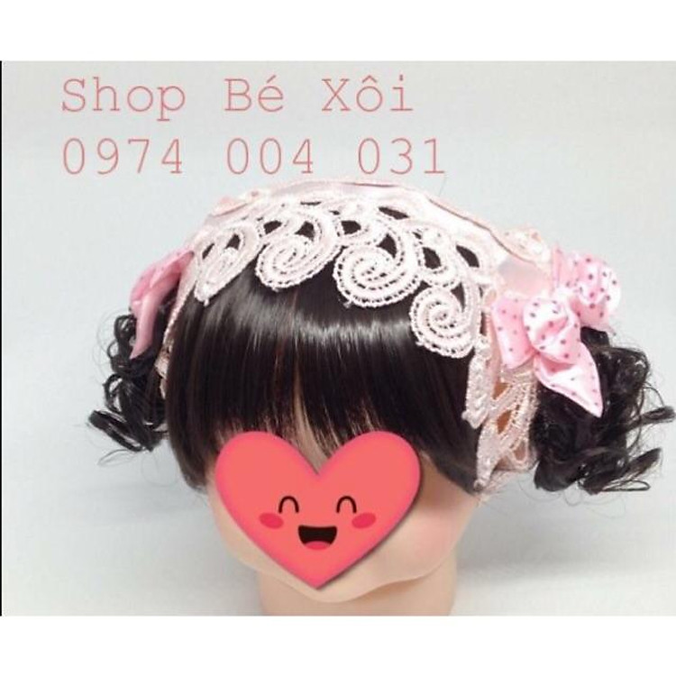 Băng đô tóc giả cho bé ren hồng kèm tóc mái, tóc mái giả cho bé