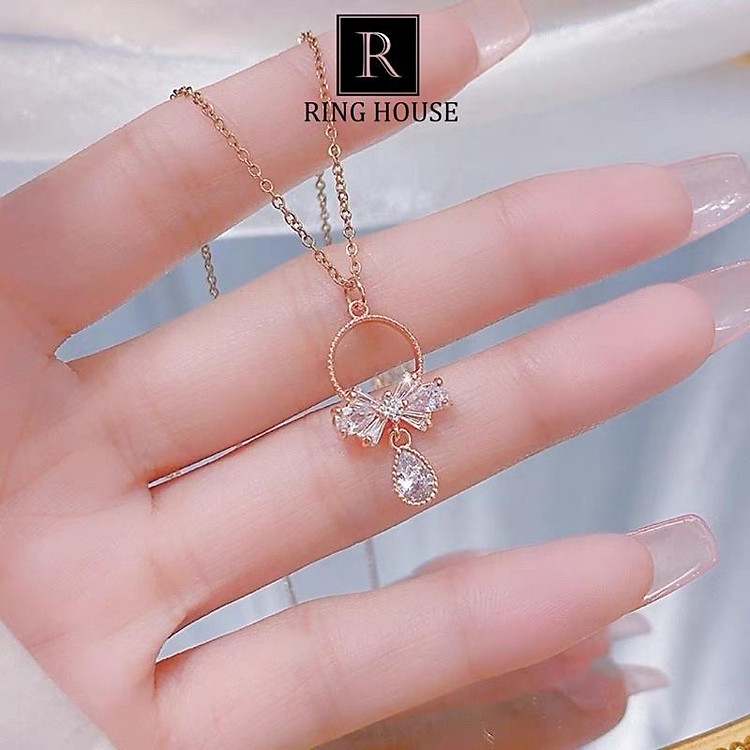 (Titan) Dây Chuyền Nữ Titan Không Gỉ Rỉ Nơ Vòng Đẹp Rose Gold Necklace Ring House