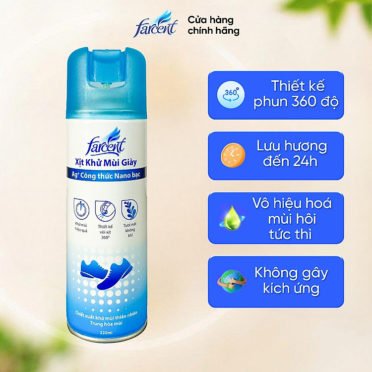 Chai xịt khử mùi hôi giày dép nano bạc Farcent 220ml lưu hương 24h, chuyên dùng làm thơm giày