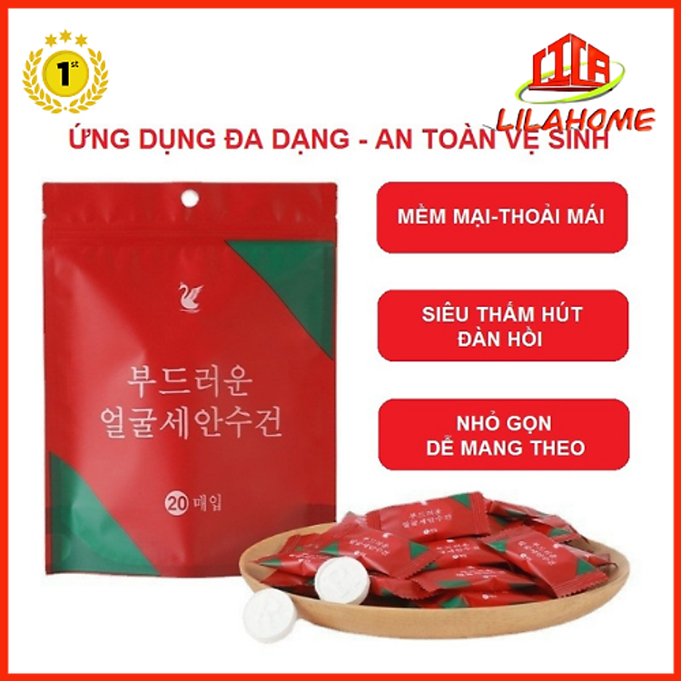 Túi 20 Khăn Giấy Nén Hàn Quốc Cao Cấp Loại Dày 2 Lớp 20*20cm - Hàng Chính Hãng