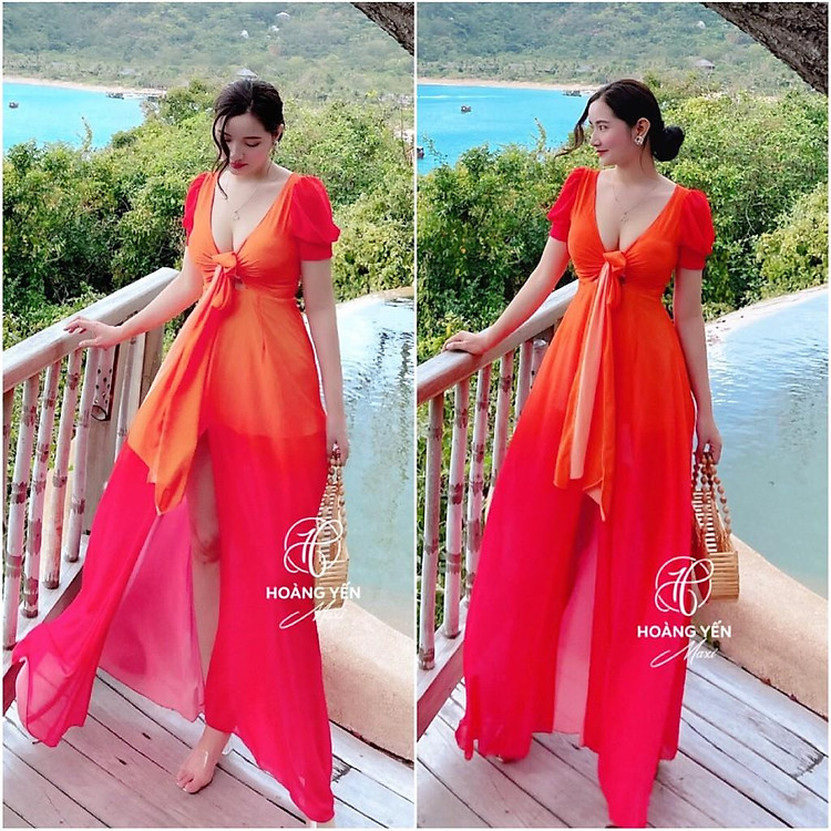 Đầm Maxi Omber Màu Đỏ Cam Rực Rỡ, Váy Maxi Loang Màu Chất Liệu Voan Cột Ngực/ Cánh Tiên Xẻ Tà Đi Biển, Du Lịch