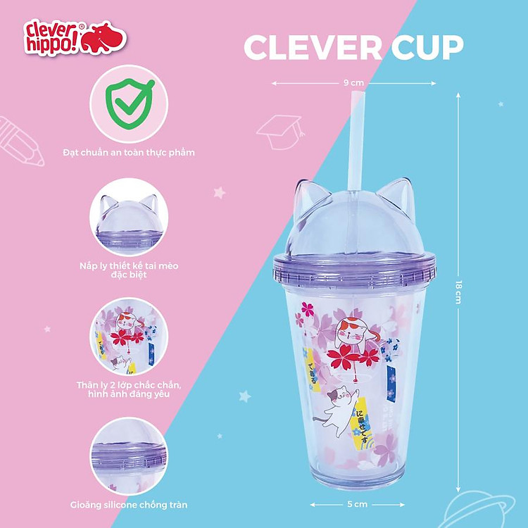 Ly Nhựa Clever Cup Mèo Hạnh Phúc Tím Chính hãng Giá tốt - Hình ảnh 2