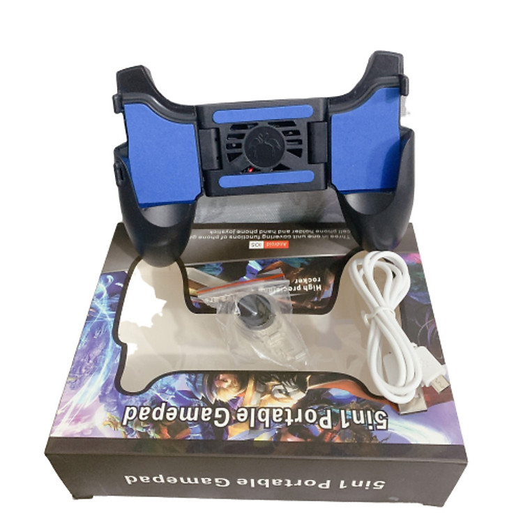 Tay cầm game 5 in 1 có có thể gấp gọn kèm quạt (cổng sạc micro) có khả năng làm mát điện thoại khi chơi Game - Có 2 nút di chuyển hỗ trợ HỖ TRỢ CHƠI PUPG, FREE FIRE, LIÊN QUÂN