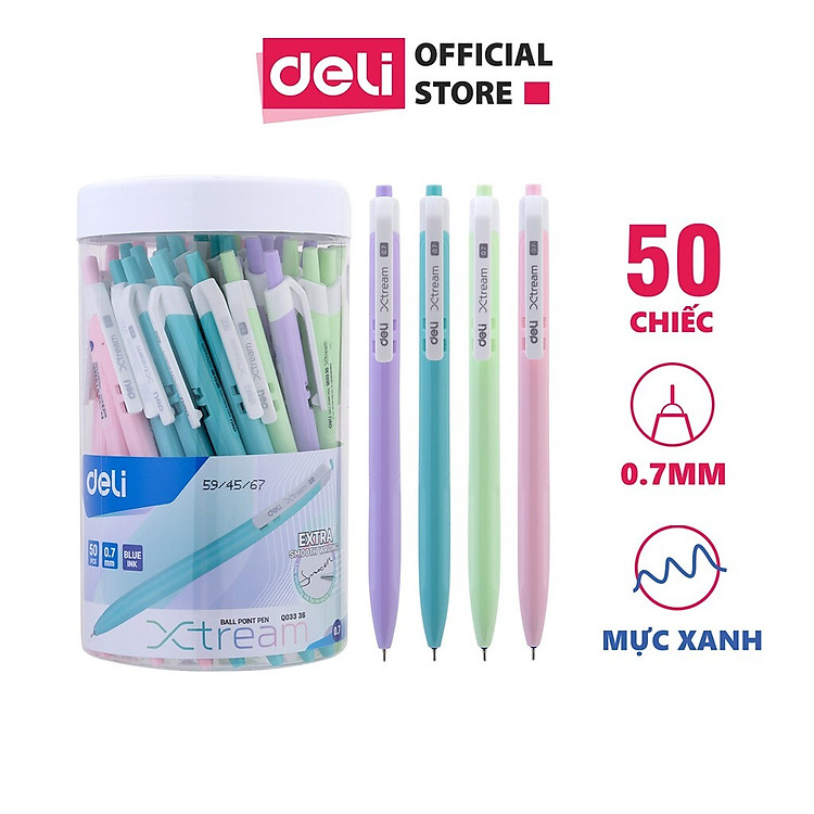 Bộ Bút Bi Deli (50 chiếc) – 0.7mm Mực Xanh