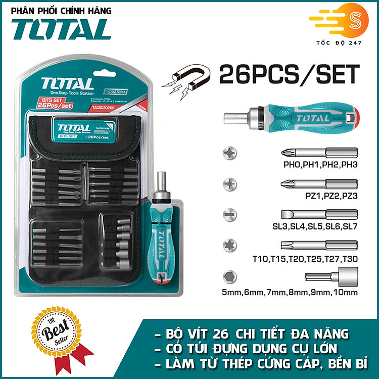 Bộ tua vít đa năng 26 chi tiết có túi đựng TOTAL TACSD30266 - Nhiều loại đầu vít, chất liệu thép chuyên dụng, tay cầm chắc chắn