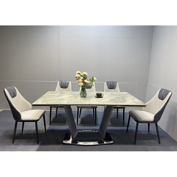 Bộ bàn ghế phòng ăn Juno sofa mặt đá ceramic, chân inox mạ titan kèm 5 ghế