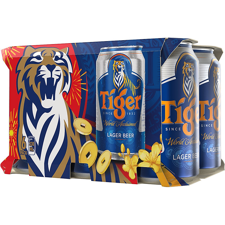 Lốc 6 Lon Tiger (330ml / Lon) (Bật lon Tiger giơ cao bóng vàng)