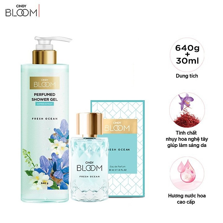 Bộ đôi sữa tắm nước hoa & nước hoa nữ Cindy Bloom Fresh Ocean mùi hương năng động trẻ trung 640g + 30ml