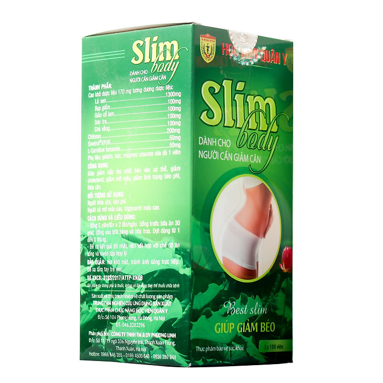 Thực phẩm hỗ trợ giảm cân Slim Body học viện quân y hộp 100 viên