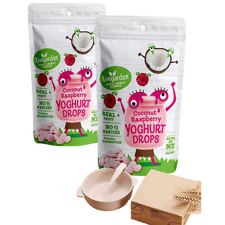 Combo 2 gói Sữa chua khô Kiwigarden vị dừa quả mâm xôi tặng bộ bát thìa lúa mạch