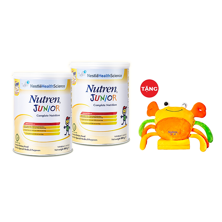 Combo 2 lon thực phẩm dinh dưỡng Nutren Junior Thụy Sĩ hỗ trợ tăng cân tiêu hóa tốt cho trẻ từ 1 đến 10 tuổi 800g/lon - Tặng Bộ gối mền con cua