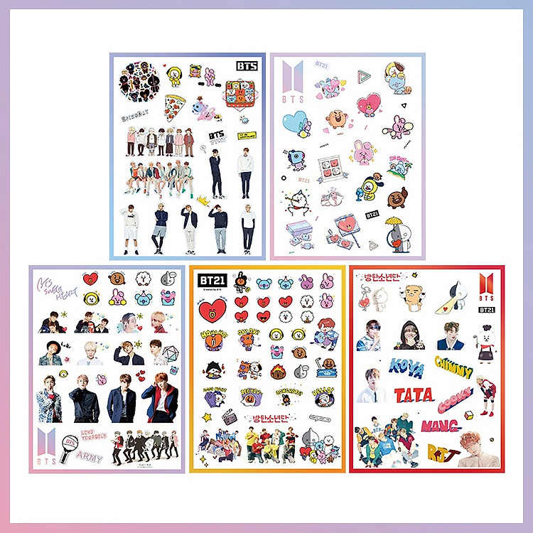 Set 5 Sticker hình dán BT21 BTS (2 Sticker BT21 + 3 Sticker BTS)