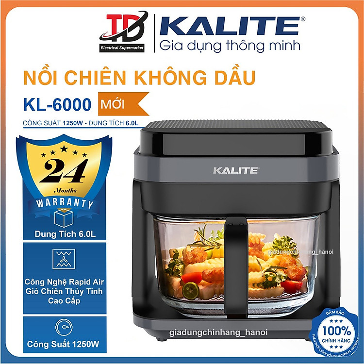 Nồi chiên không dầu KALITE KL6000, Giỏ Chiên Thuỷ Tinh Borosilicate 6.0Lit, 8 Chức Năng Nướng, Hàng Chính Hãng