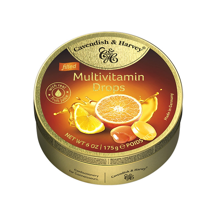 Kẹo Multivitamin Cavendish & Harvey (175g) MultiVitamin Drops Cao Cấp Hộp Thiếc Vàng Nhập Khẩu
