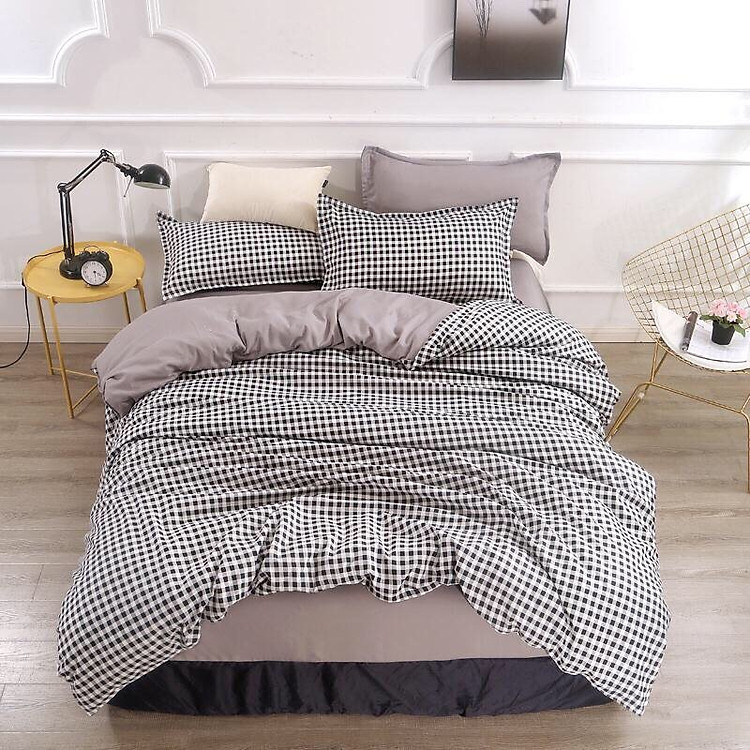 Bộ Chăn Ga Gối Cottong Poly - KẺ CARO ĐEN TRẮNG NHỎ