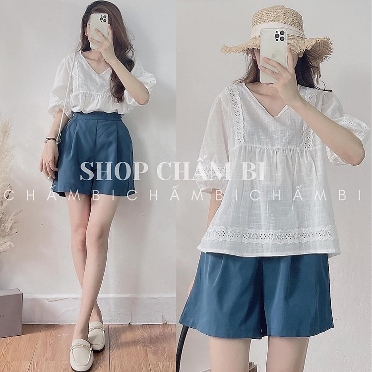 Set bộ nữ S.060, Set áo babydoll cổ V pha ren họa tiết cùng quần short xanh
