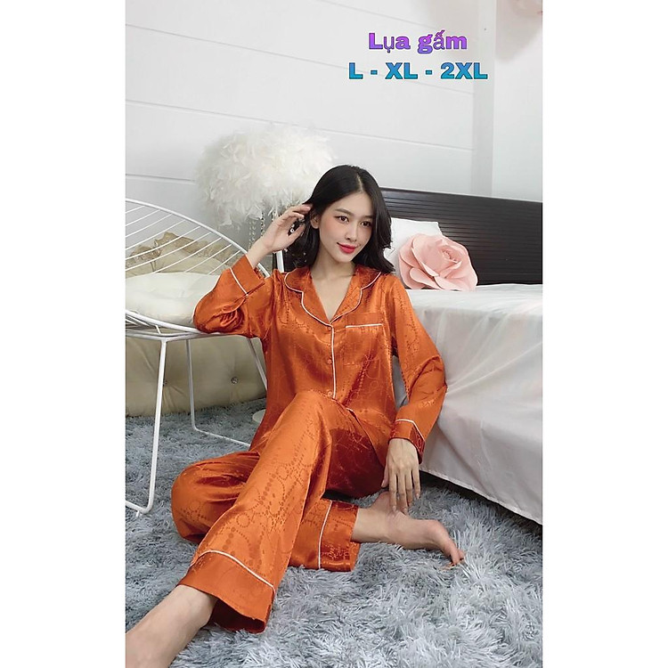 Đồ Bộ Pijama Lụa Gấm Tay Dài Quần Dài Cao Cấp Có Túi Sâu May Ủi Cẩn Thận LG1 Màu Cam