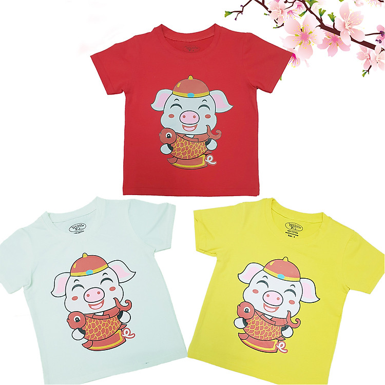Combo 3 áo thun in hình heo thần tài cho bé B19_THTai, 100% vải cotton mềm mại 4 chiều, thấm hút mồ hôi tốt, không dị ứng da, hình in đẹp và dễ thương không bị phai màu khi giặt, áo thun bé trai bé gái cao cấp cho bé