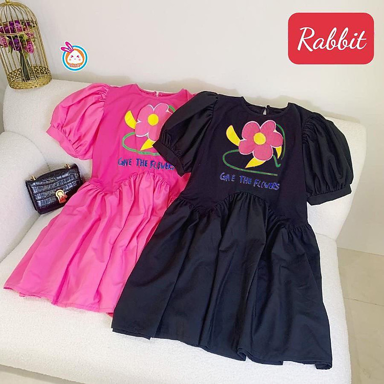 Đầm babydoll tay phồng phong cách Hàn Quốc cho bé gái hình hoa size 13-40kg chất cotton mềm mịn mát