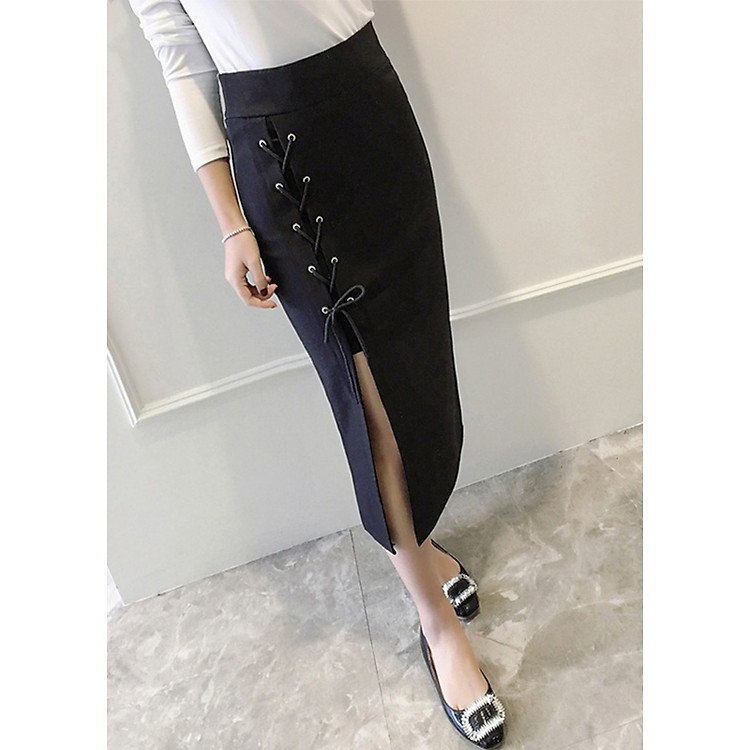 Chân váy nữ xẻ tà đan dây freesize cv01