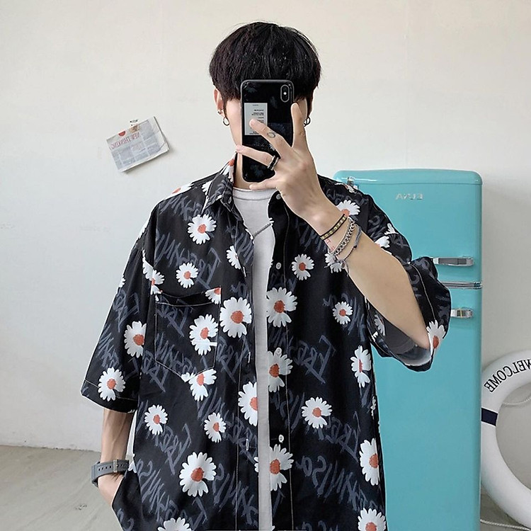 Áo sơ mi nam nữ loang màu in hình HOA CÚC cực hot