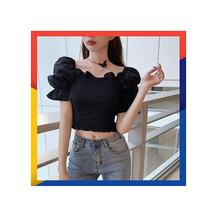 Áo croptop nhún ngực tay bo dễ thương