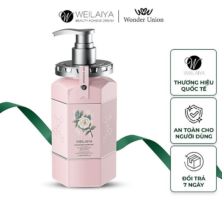 Sữa tắm trắng da hoa trà, làm sạch da toàn thân Niacinamide Weilaiya thơm lâu phù hợp cho mọi loại da 450ml