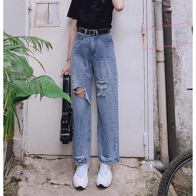 QUẦN JEAN DÀI ỐNG RỘNG LƯNG CAO RÁCH - QUẦN BÒ NỮ CULOTTES SUÔNG 59