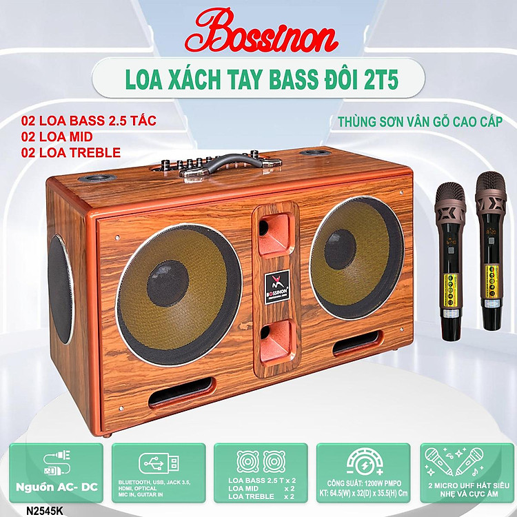 Loa karaoke xách tay bass 2T5 đôi BOSSINON N2563K- Hàng Chính Hãng, công suất siêu khủng lên đến 1200W, siêu đẹp