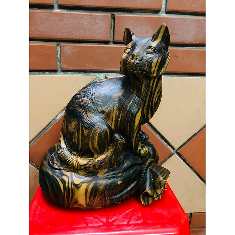 Tượng con mèo điêu khắc bằng gỗ mun (30x26x17cm) - Ảnh 6