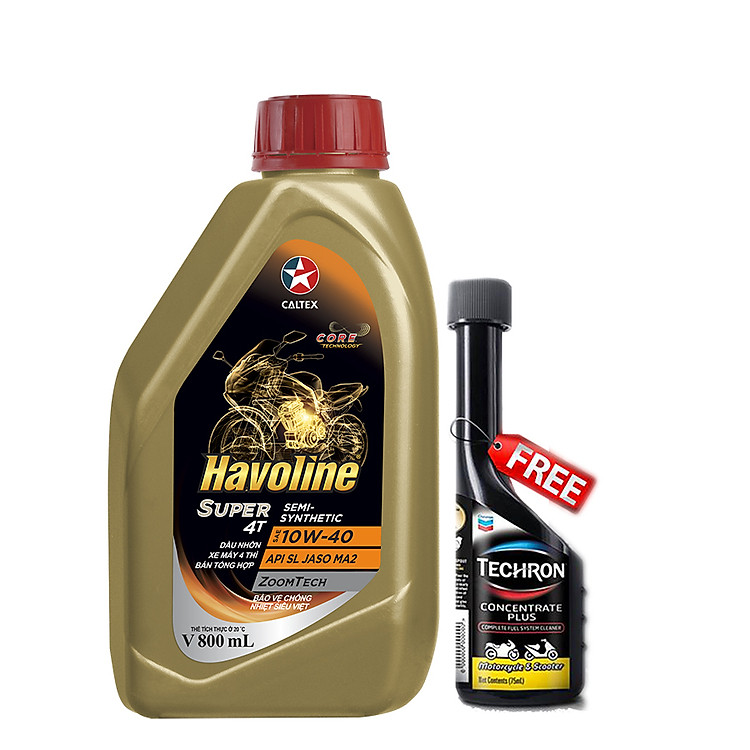 Dầu nhớt bán tổng hợp cho xe số Caltex Havoline Super 4T Semi-Synthetic SAE 10W-40 800ml tặng kèm dung môi pha xăng