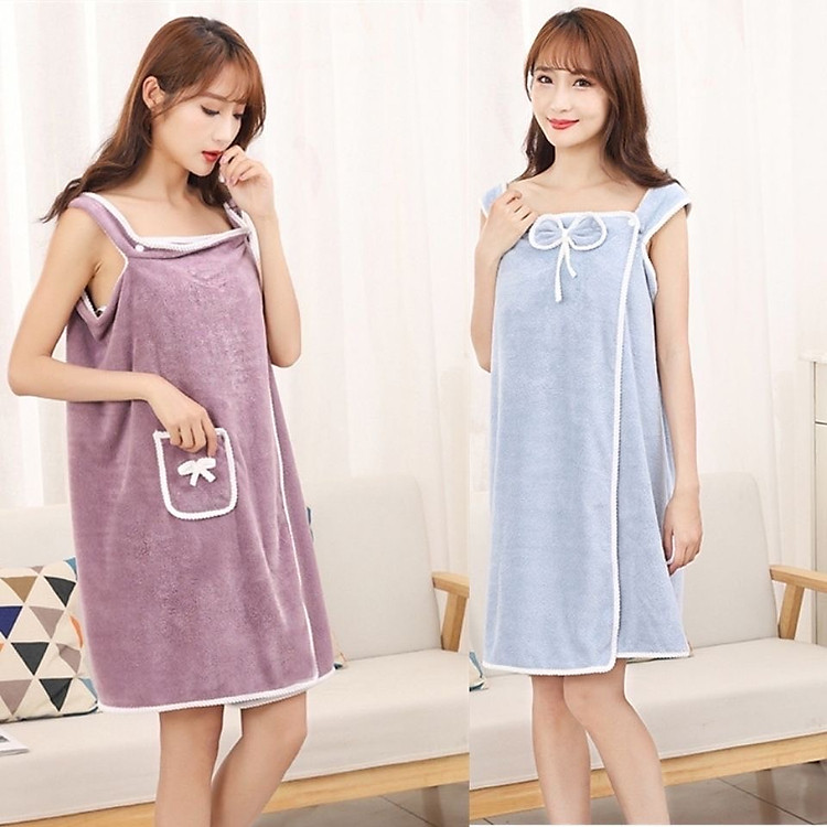 Khăn tắm nữ 2 trong 1 , xỏ tay - Áo khăn tắm nữ kiểu đầm trơn , mịn , thoáng mát , phong cách hiện đại phù hợp với mọi loại dáng , giao màu ngẫu nhiên