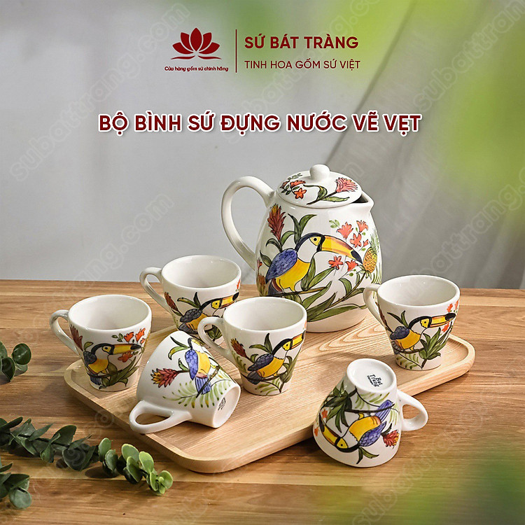 Bộ bình sứ đựng nước vẽ vẹt