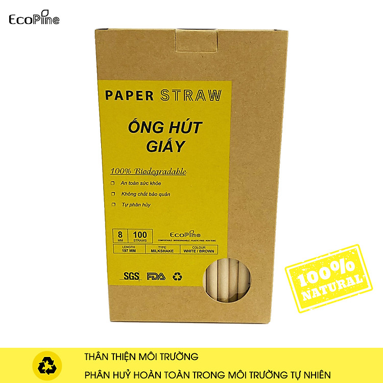 Hộp 100 ống hút giấy phi 8mm nâu kraft ECOPINE