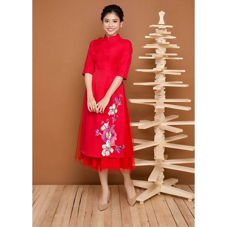Set áo dài cách tân thêu hoa mai phối lưới cao cấp - ML07