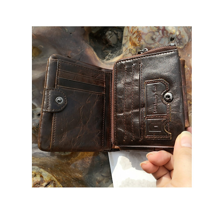 Ví đứng gấp ba da bò sáp ngựa điên siêu bền, cực đẹp VC1002